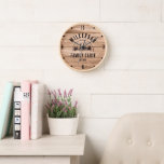 Rustige familienaam Cabin Cottage Lodge Retro Wood<br><div class="desc">Robuuste moderne muurklok met een trendy bosgebergte met denbomen,  bossen en vogels omgeven door uw aangepaste familienaam op een bedrukte houten achtergrond,  een personaliseerbare naam van uw huishouden,  hut,  meerhuis of andere,  en het jaar dat is vastgesteld.</div>