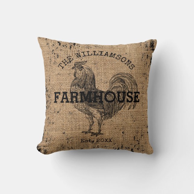 Rustige  familienaam Farmhouse Rooster Kussen (Voorkant)