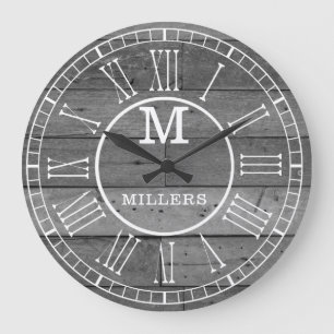 Rustige Familienaam Gray Wood Monogram Grote Klok