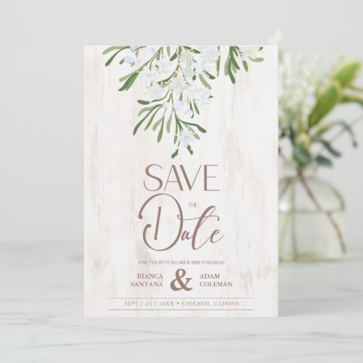 Rustige Fancy botanische vertakkingen Houtachtergr Save The Date (Staand voorkant)