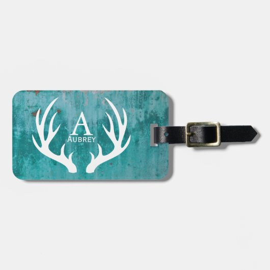 Rustige Farmhouse Antlers & Blauwgroen Rusted Meta Bagagelabel (Voorkant horizontaal)