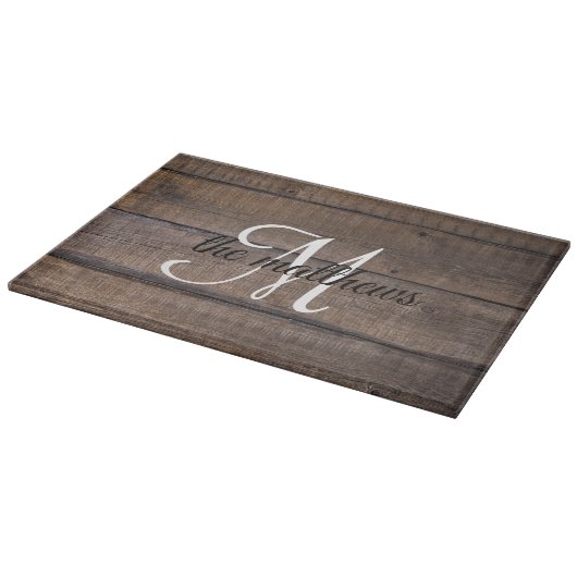 Rustige Farmhouse Barn Wood Monogram Name Custom Snijplank (Hoek)