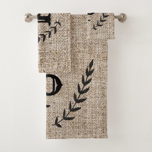 Rustige Farmhouse Burlap & Black Botanical Laurel Bad Handdoek (Insitu)