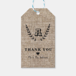 Rustige Farmhouse Burlap & Black Botanical Laurel Cadeaulabel