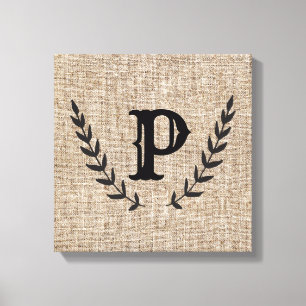Rustige Farmhouse Burlap & Black Botanical Laurel Canvas Afdruk