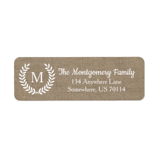 Rustige Farmhouse Country Laurels Faux Burlap Etiket (Voorkant)