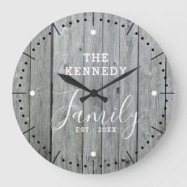 Rustige Farmhouse Gray Wood Familie Naam Grote klo Klok