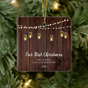 Rustige Farmhouse Mason Jar ons eerste kerstfeest Keramisch Ornament