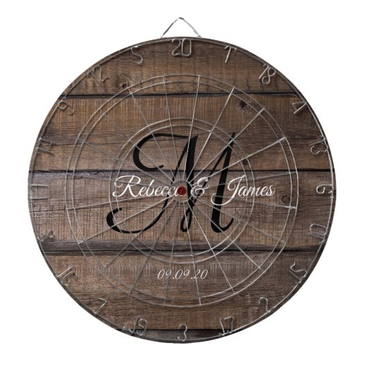 Rustige Farmhouse Monogram Script Familienaam Dartbord (Voorkant)