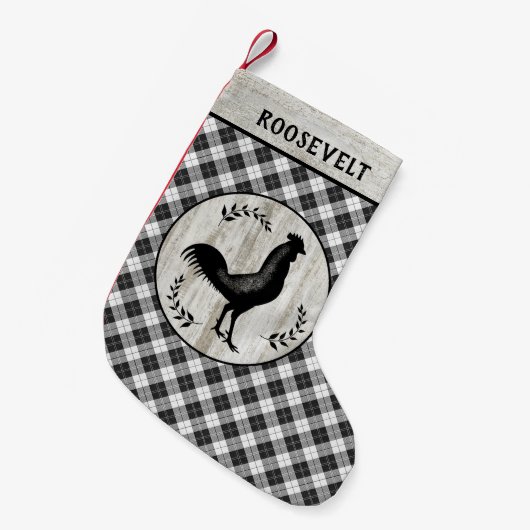 Rustige Farmhouse Rooster Checker Pset Custom Name Kleine Kerstsok (Voorkant (Hangend))