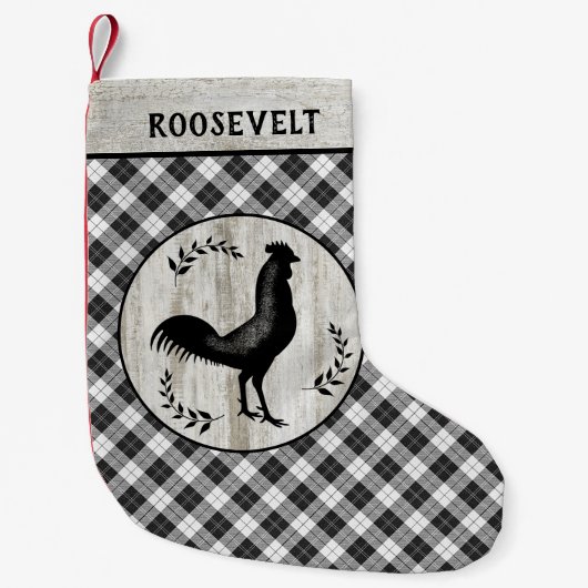 Rustige Farmhouse Rooster Checker Pset Custom Name Kleine Kerstsok (Voorkant)