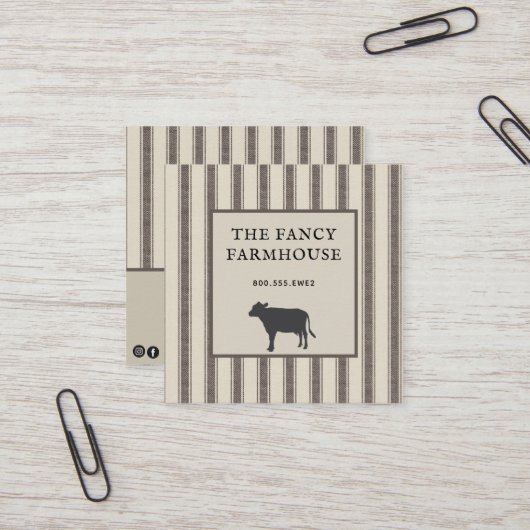 Rustige Farmhouse Style Ticking Square Business Vierkante Visitekaartje (Voorkant / Achterkant in situ)