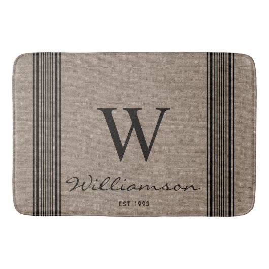 Rustige Farmhouse Ticking Stripe Burlap Monogram Badmat (Voorkant)