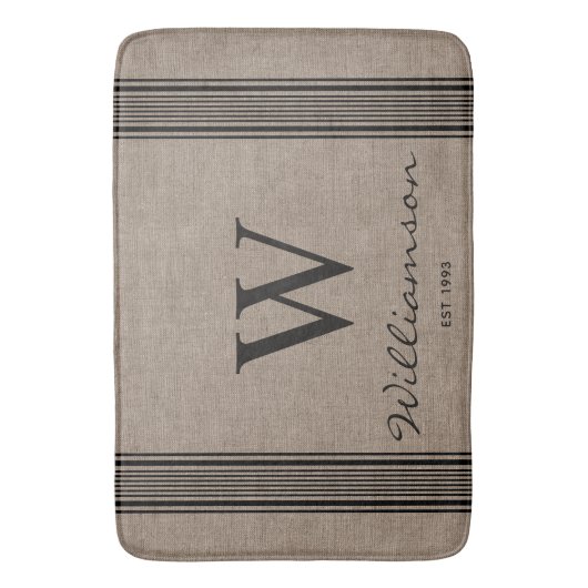 Rustige Farmhouse Ticking Stripe Burlap Monogram Badmat (Voorkant Verticaal)