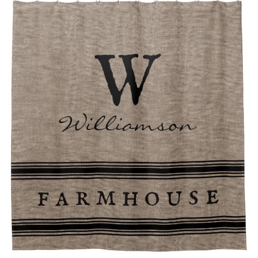 Rustige Farmhouse Ticking Stripe Burlap Monogram Douchegordijn (Voorkant)