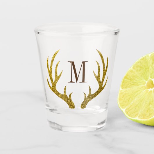 Rustige Faux Gold Glitter Deer Antlers | Monogram Shot Glas (Voorkant)