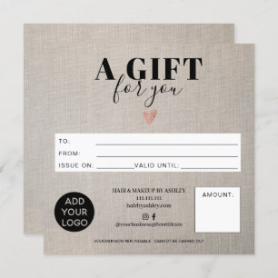 Rustige faux linen square gift certificate logo