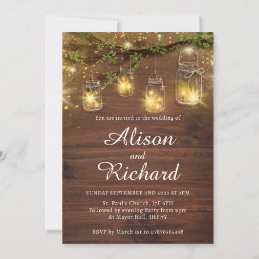 Rustige fee licht bruiloft uitnodiging, mason jar kaart (Voorkant)