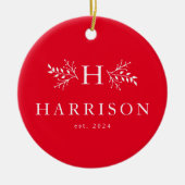 Rustige feestdag monogram rode nieuwfoto keramisch ornament (Voorkant)