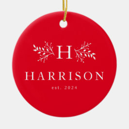 Rustige feestdag monogram rode nieuwfoto keramisch ornament