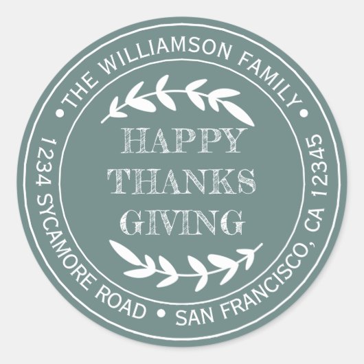 Rustige fijne Thanksgiving retouradres groen Ronde Sticker (Voorkant)