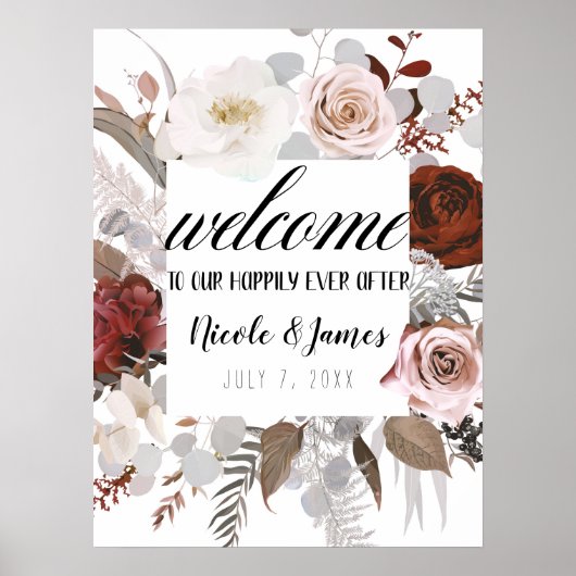 Rustige Floral Blooms Blush Grey Red Wedding Sign Poster (Voorkant)