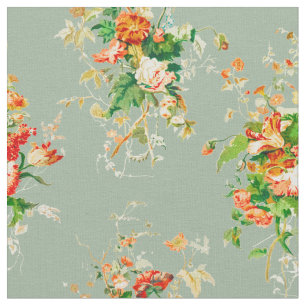 Rustige Floral  Botanische Sinaasappel Sage Green Stof
