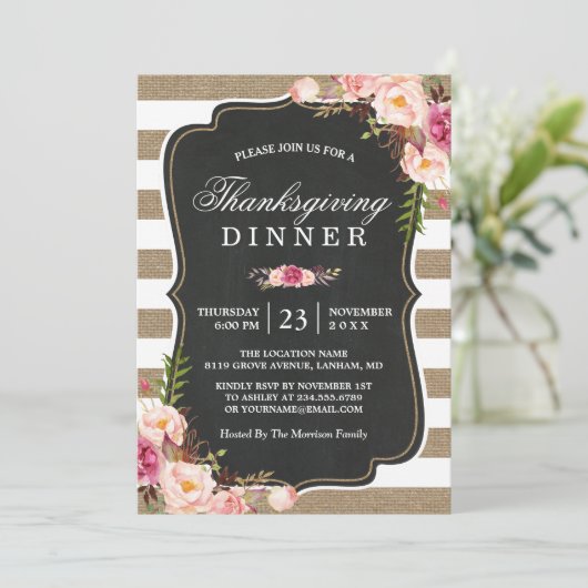 Rustige Floral Burlap Stripes Thanksgiving Kaart (Staand voorkant)