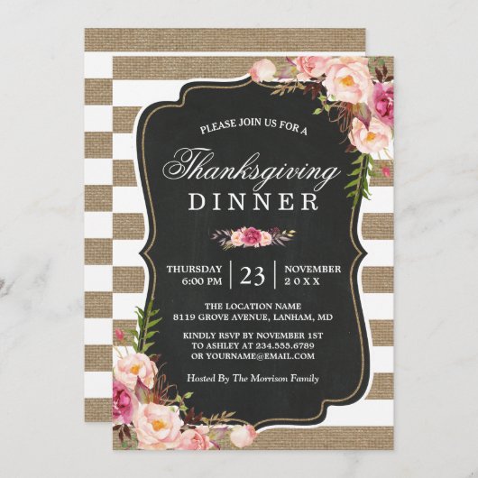 Rustige Floral Burlap Stripes Thanksgiving Kaart (Voorkant / Achterkant)