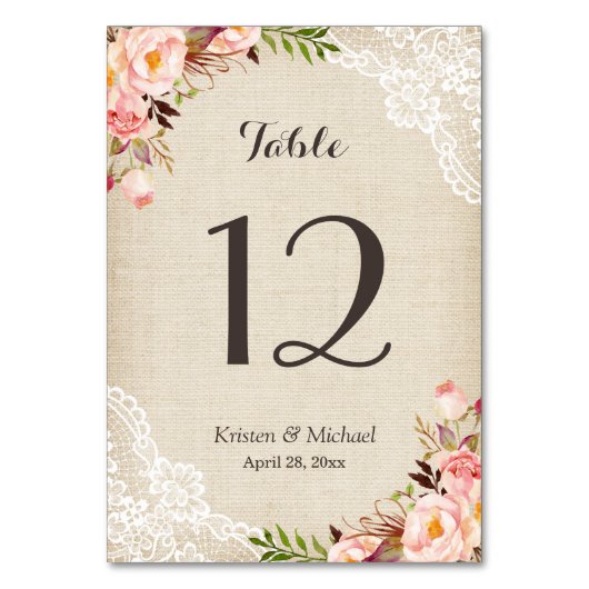 Rustige Floral Burlap Table Number Kaart (Voorkant)