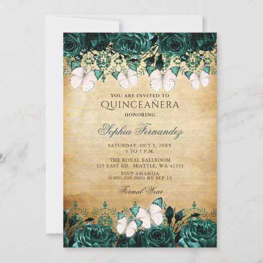Rustige  Floral Butterfly Quinceañera Kaart (Voorkant)