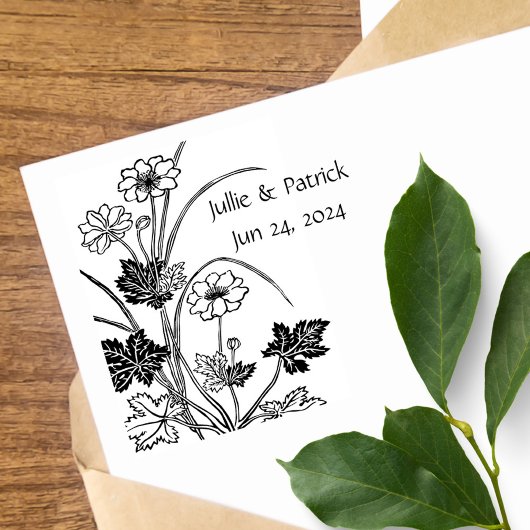 Rustige Floral Couple Wedding Date Wood Art Stamp Rubberstempel