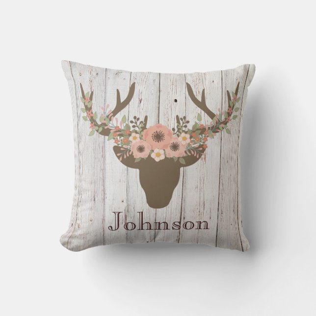 Rustige Floral Deer Buck Head Antlers op hout Kussen (Voorkant)