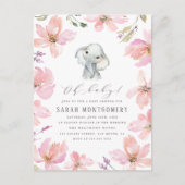 Rustige Floral Elephant Blush Pink Baby Girl Showe Uitnodiging Briefkaart (Voorkant)