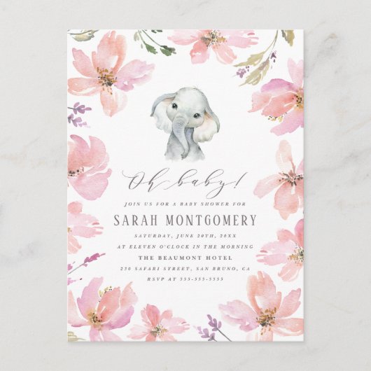 Rustige Floral Elephant Blush Pink Baby Girl Showe Uitnodiging Briefkaart (Voorkant)