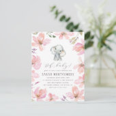 Rustige Floral Elephant Blush Pink Baby Girl Showe Uitnodiging Briefkaart (Staand voorkant)