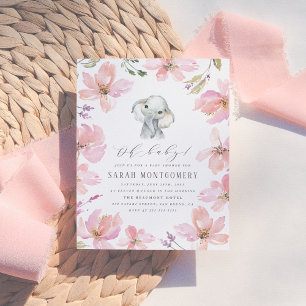 Rustige Floral Elephant Blush Pink Baby Girl Showe Uitnodiging Briefkaart