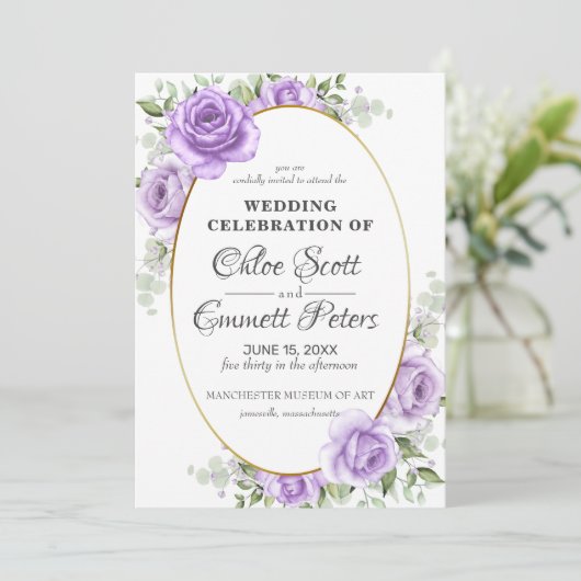 Rustige Floral Gold Border Light Paars Roos Weddin Kaart (Staand voorkant)