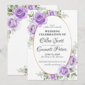 Rustige Floral Gold Border Light Paars Roos Weddin Kaart (Voorkant / Achterkant)