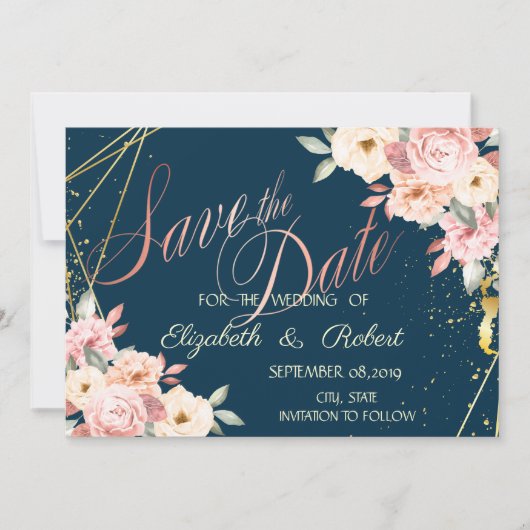 Rustige Floral, goud, marineblauw sparen de datum Save The Date (Voorkant)
