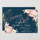 Rustige Floral, goud, marineblauw sparen de datum Save The Date (Voorkant / Achterkant)