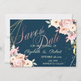 Rustige Floral, goud, marineblauw sparen de datum Save The Date