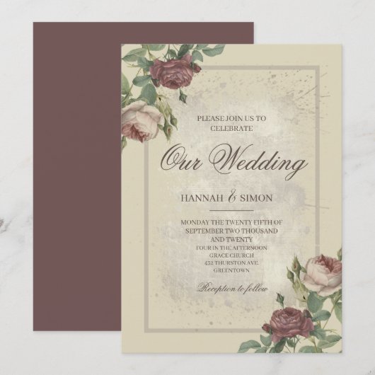 Rustige Floral Minimalist Bourgogne Gold Wedding Kaart (Voorkant / Achterkant)