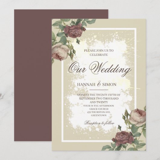 Rustige Floral Minimalist Bourgogne Gold Wedding Kaart (Voorkant / Achterkant)