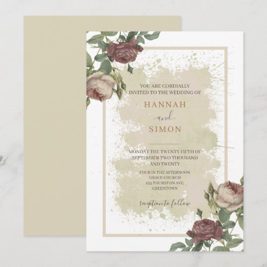 Rustige Floral Minimalist Bourgogne Gold Wedding Kaart (Voorkant / Achterkant)