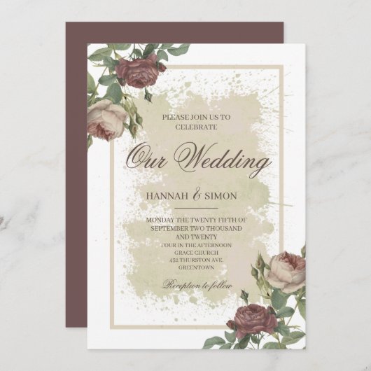 Rustige Floral Minimalist Bourgogne Gold Wedding Kaart (Voorkant / Achterkant)