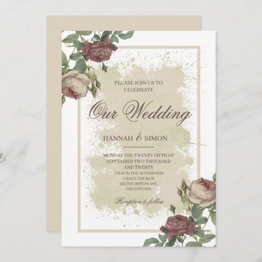 Rustige Floral Minimalist Bourgogne Gold Wedding Kaart (Voorkant / Achterkant)