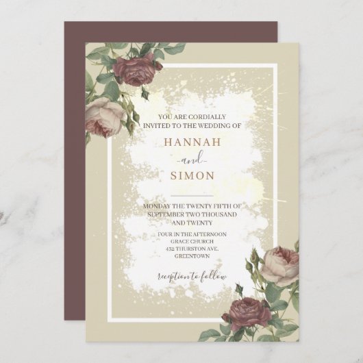 Rustige Floral Minimalist Bourgogne Gold Wedding Kaart (Voorkant / Achterkant)