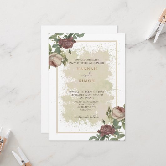 Rustige Floral Minimalist Bourgogne Gold Wedding Kaart (Voorkant / Achterkant in situ)