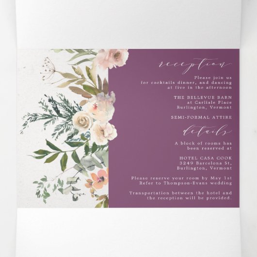 Rustige Floral Paars in één bruiloft Drieluik Uitnodiging (Binnenkant midden)